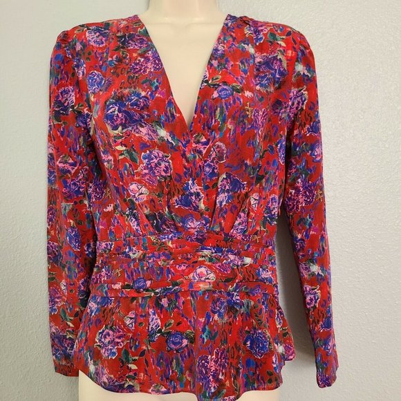 Iro Paris Hurl Blouse Red Floral V Neckline Long Sleeve sz EUR 34 US 0-2 XS - Picture 2 of 9